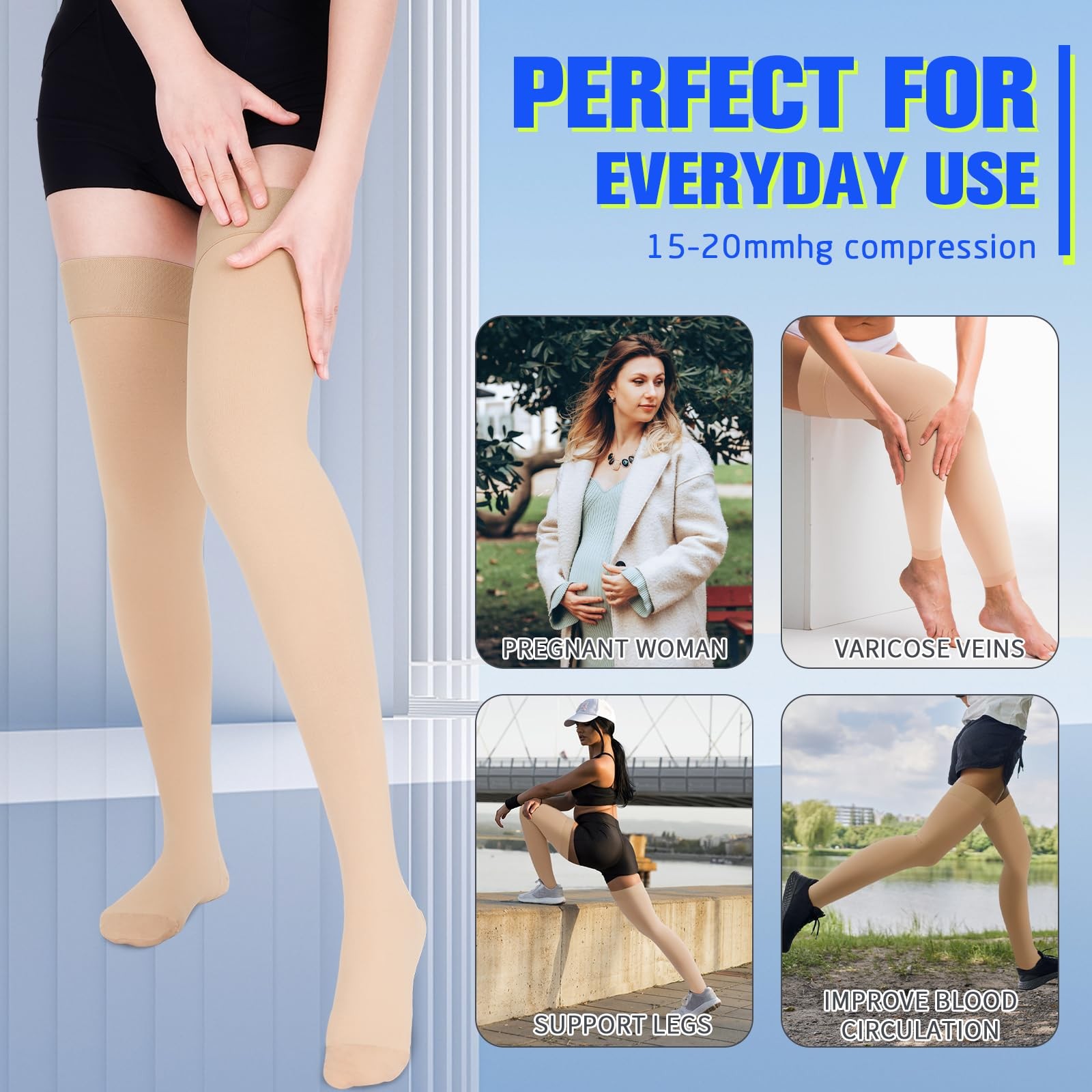Wegitcs 15-20 Mmhg Compression Stockings For Women Men Thigh High Compression