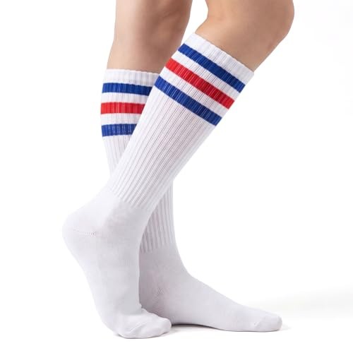 White Striped Socks, 80s Knee High Socks, Long Tube Sock with Red/White/Blue