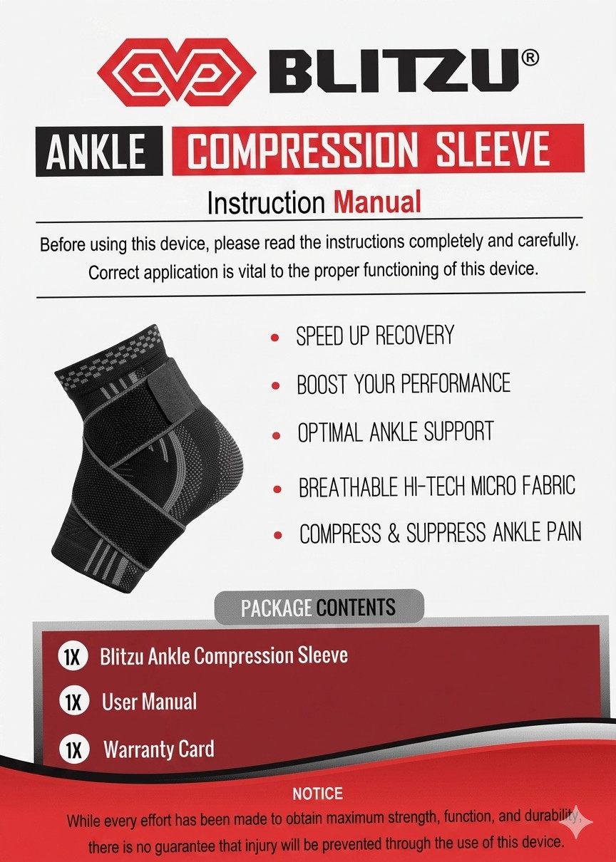 Blitzu Ankle Compression Sleeve Size Large Support Brace for Pain Relief & Sport