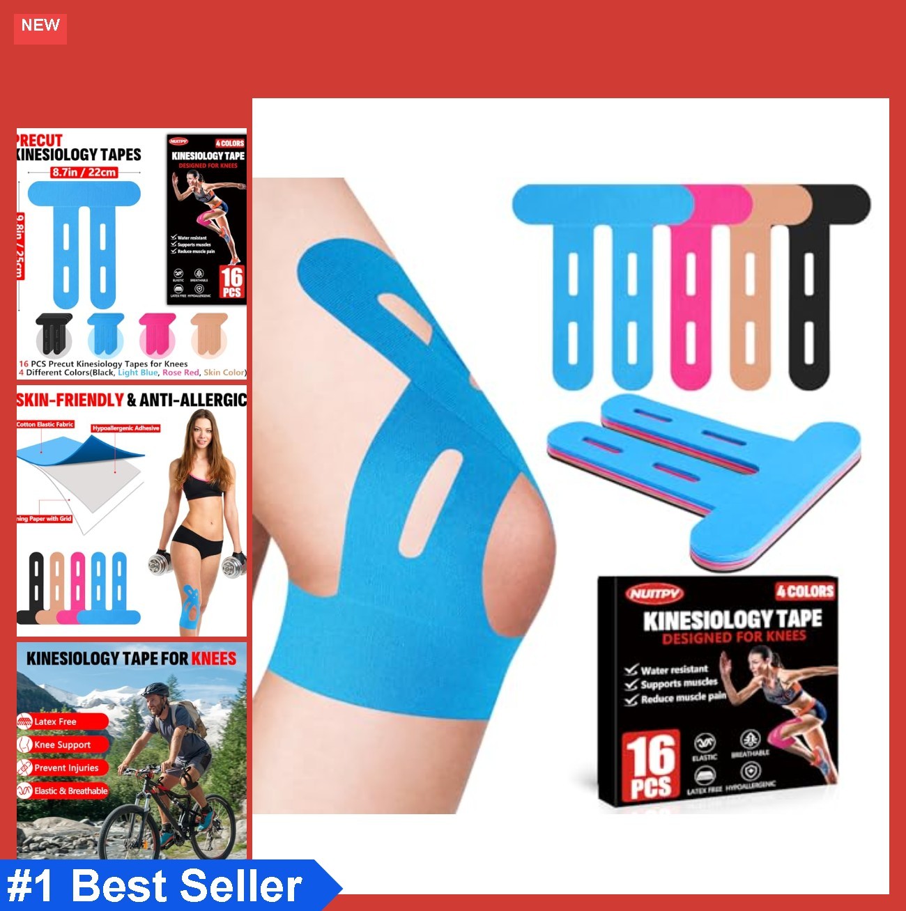 16 PCS Kinesiology Tape for Knees, 4 Colors Knee Support Tape, Precut Knee Tape