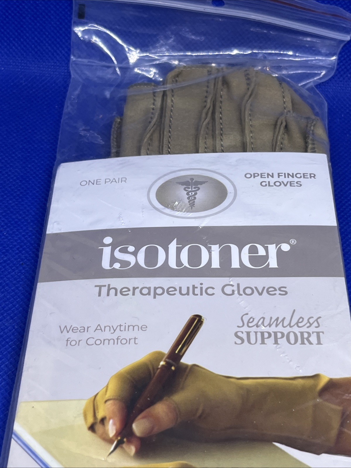 Isotoner Therapeutic Gloves Open Finger Camel Size Large Compression Pain Relief