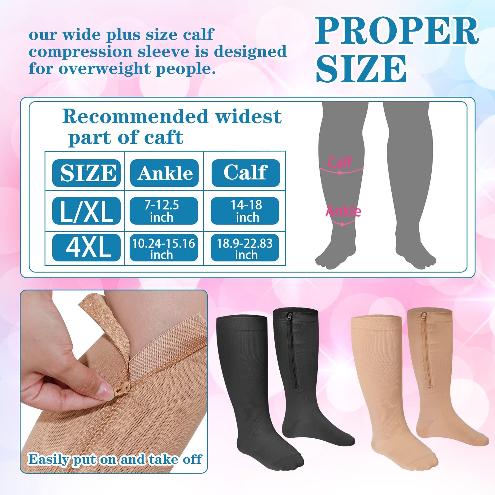 Plus Size Zipper Compression Socks Wide Calf 15-25 mmHg for Men Women 2 Pair