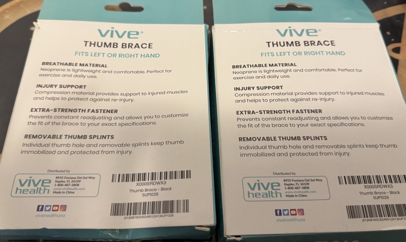 Vive Thumb Brace Black Adjustable Removable Splints Fits Left and Right Hand