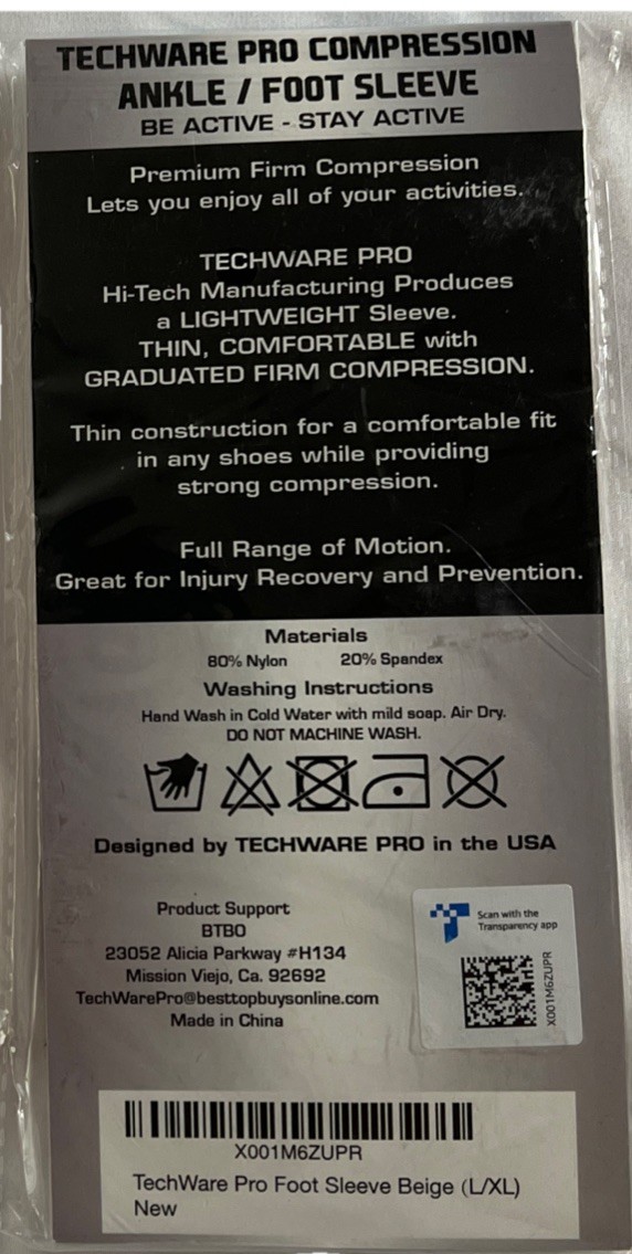 TECHWARE Pro Brace FIRM Compression ANKLE/FOOT SLEEVE 1-Pair Size:L/XL BEIGE