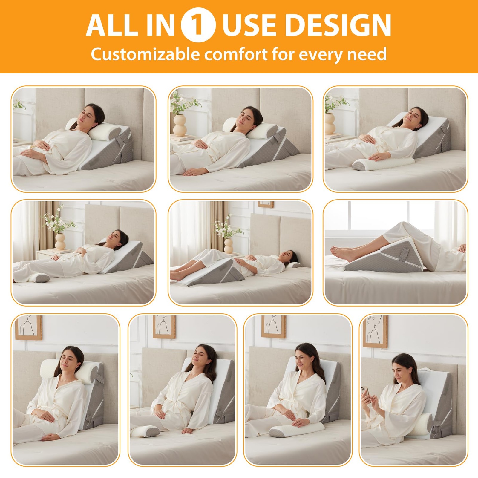Ruqmuis 3PCS Wedge Pillow Adjustable 9&12 Inch + 1 Head Pillow, White/Grey