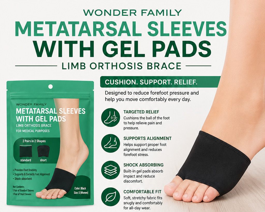 Metatarsal Sleeves w/ Gel Pads 2 Pairs Foot Pain Relief Black S