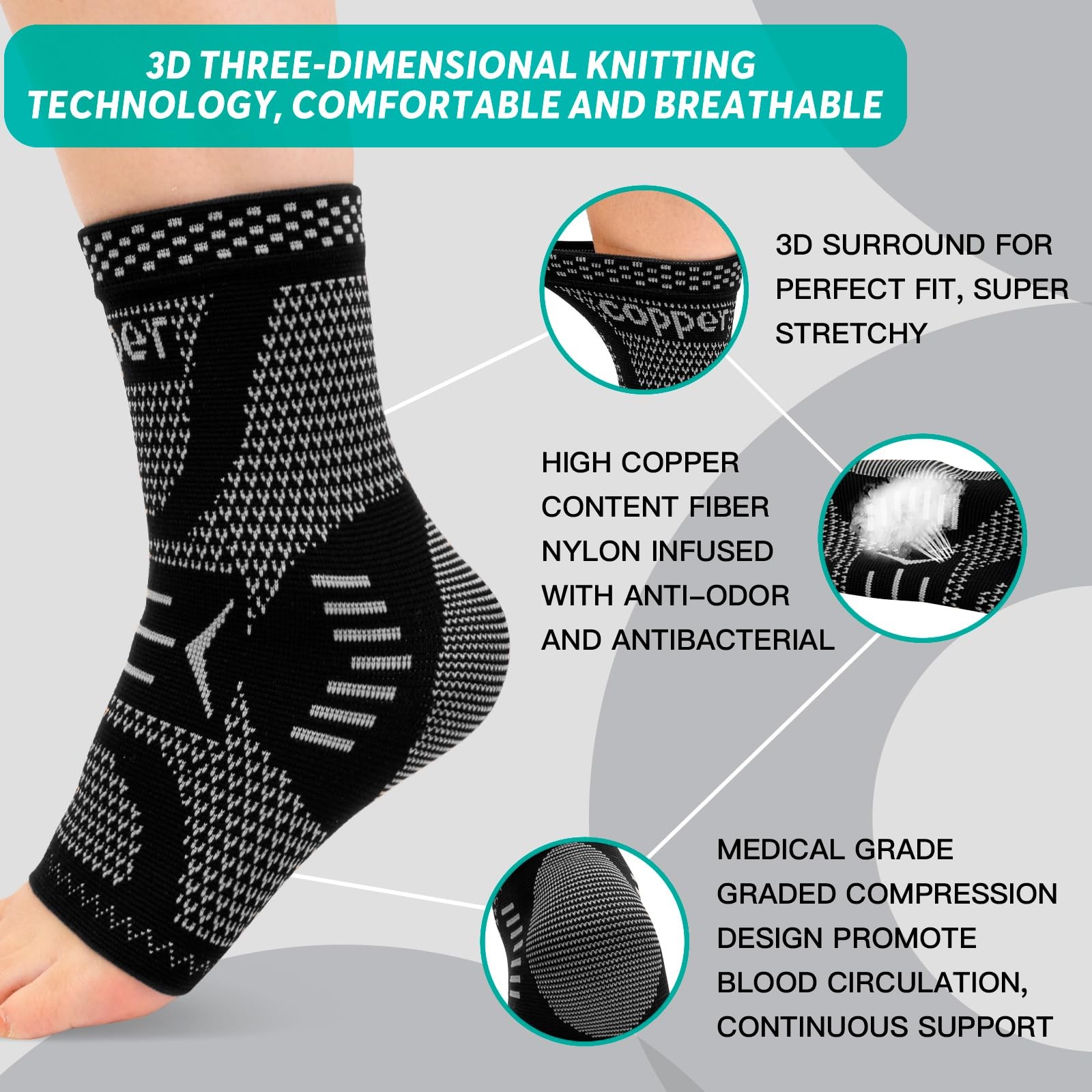 Ankle Brace Compression Sleeve Copper Infused Plantar Fasciitis Silver Black