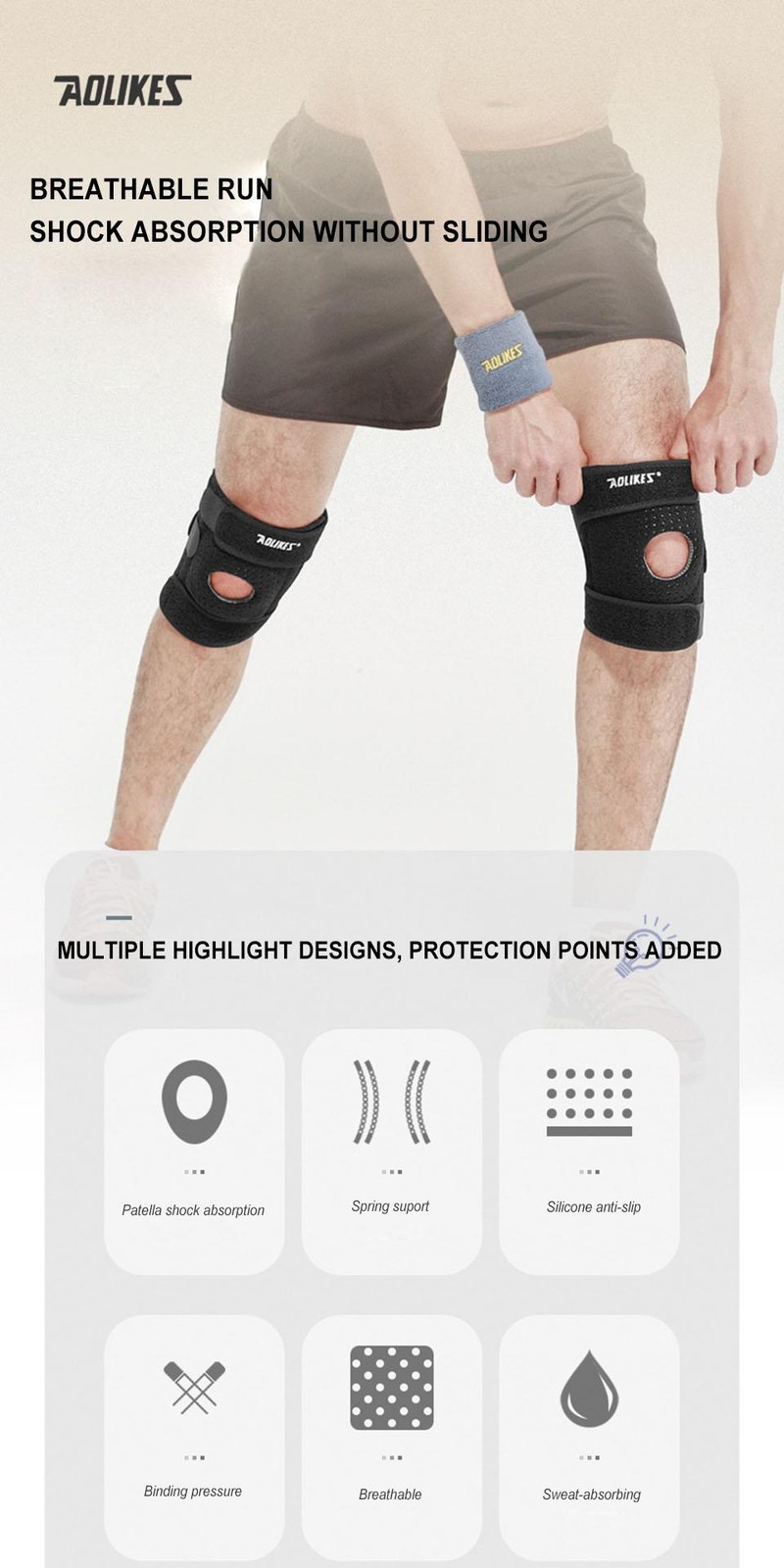 Aolikes 1pcs Breathable Four Spring Knee Support Brace Kneepad Adjustable Patell