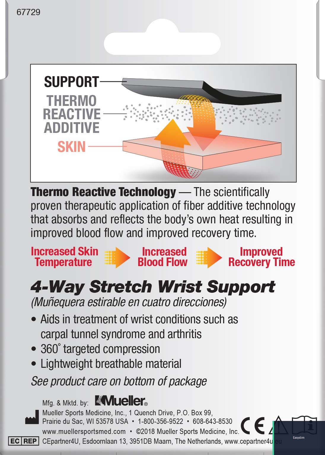 Wrist Support Brace Black Blue M/L Lightweight Thermo Reactive Polyester Blend