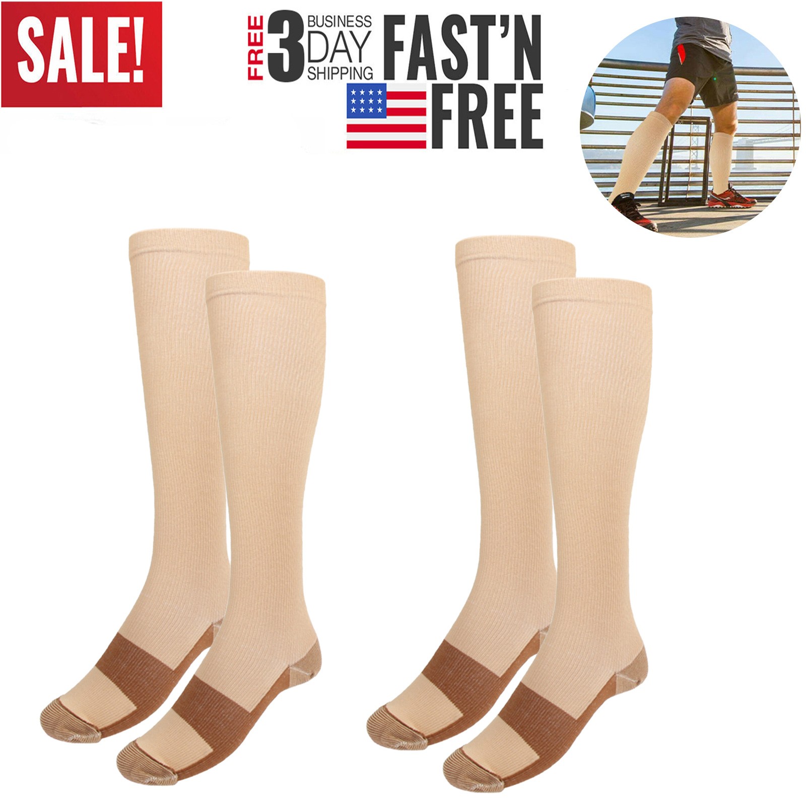 2 Pair Compression Socks 20-30mmHg Graduated Support Men’s Women’s S M L XL XXL