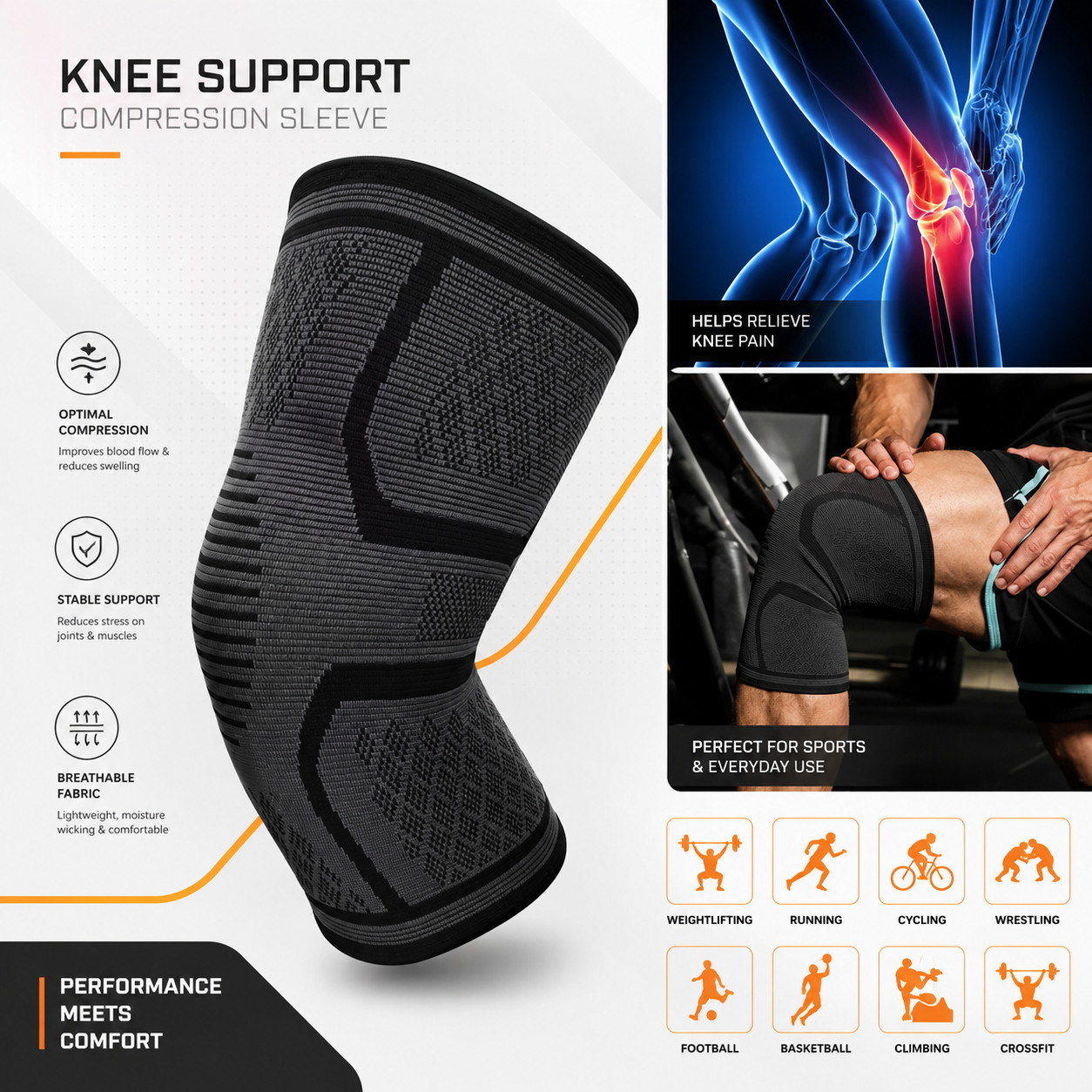 Knee Compression Sleeve Brace Support for Sports Gym Arthritis Joint Pain Relief