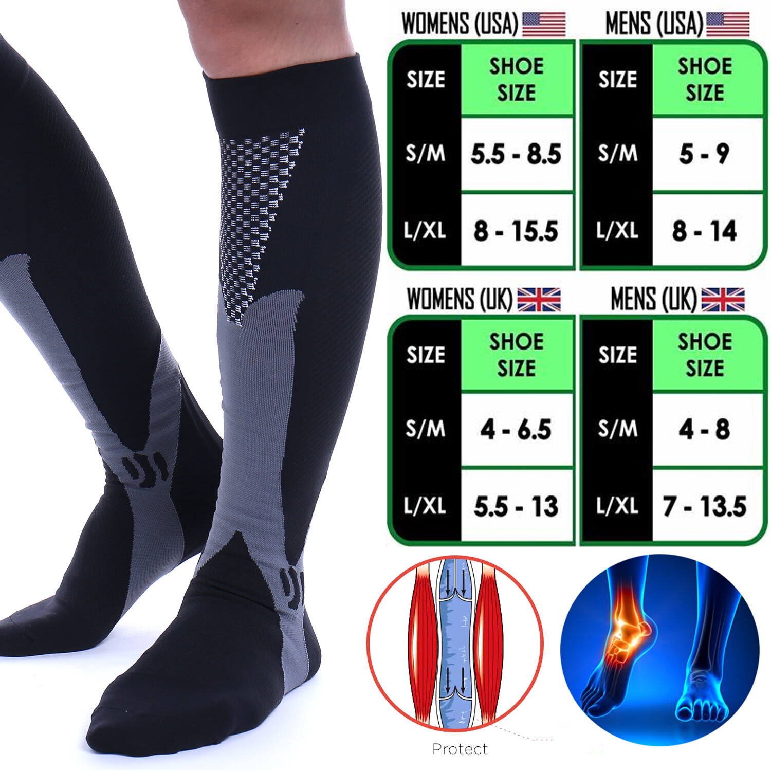 1-3 Pair Compression Socks Calf Sleeve Leg Support Brace 10-30mmHg For Men Women