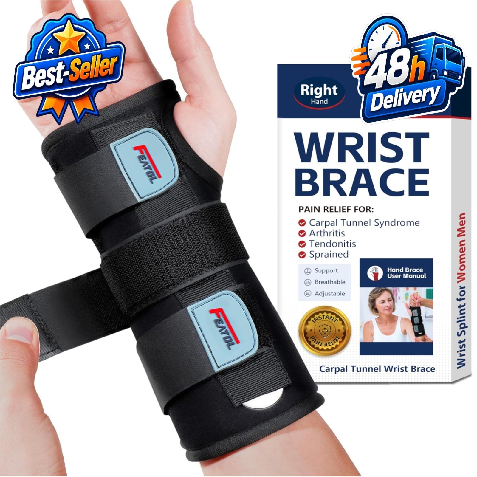 FEATOL Wrist Brace for Carpal Tunnel, Adjustable Hand Splint Support