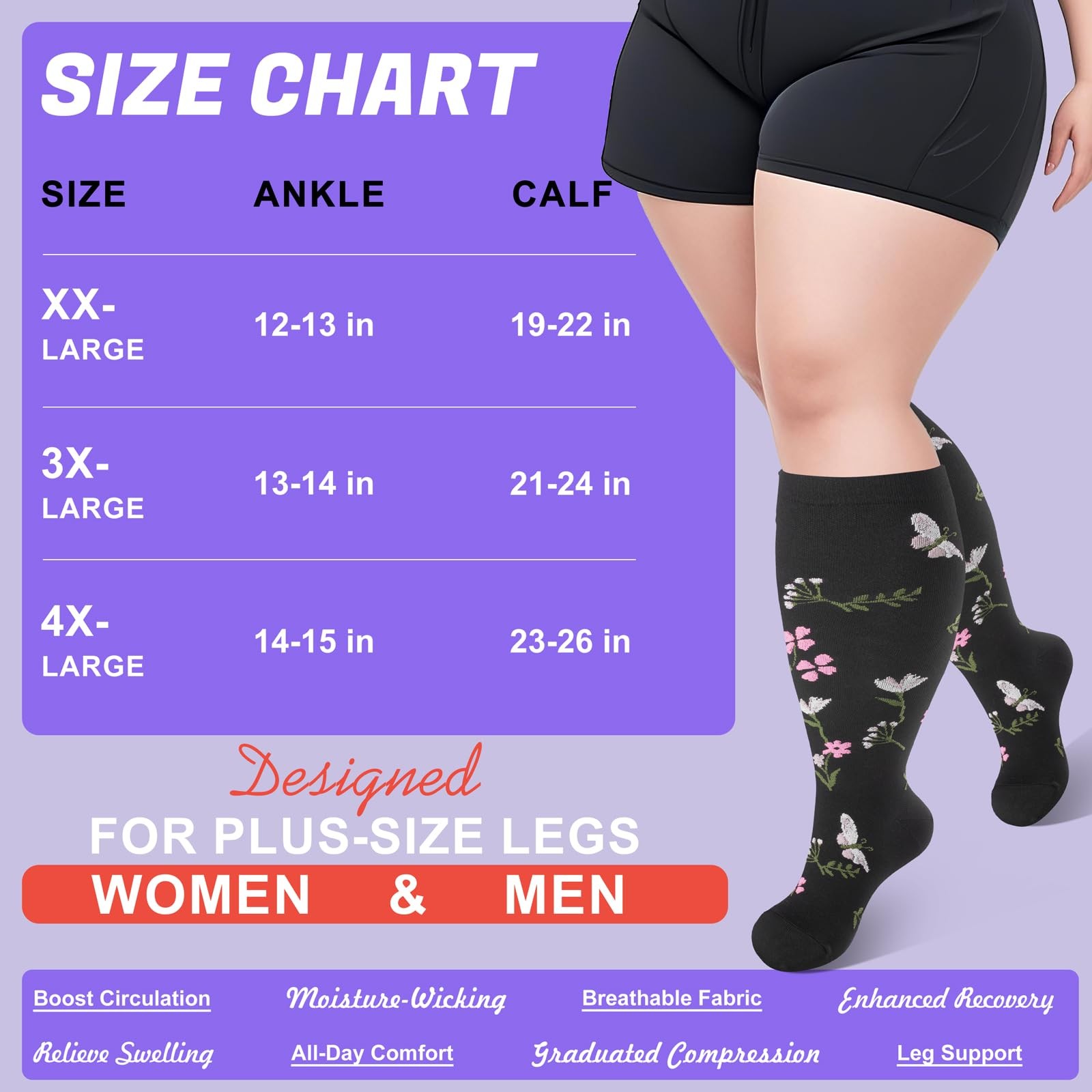 4 Pairs Plus Size Compression Socks Extra Wide Calf 2030mmHg Mens Womens