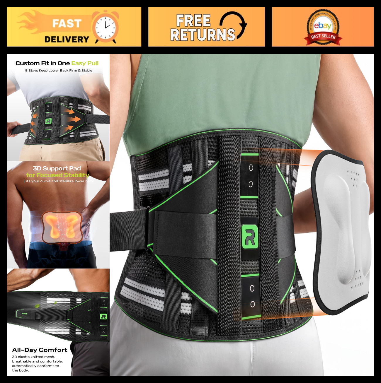 Lower Back Pain Relief Brace – 8X Lumbar Support, Adjustable Strap, Breathable,