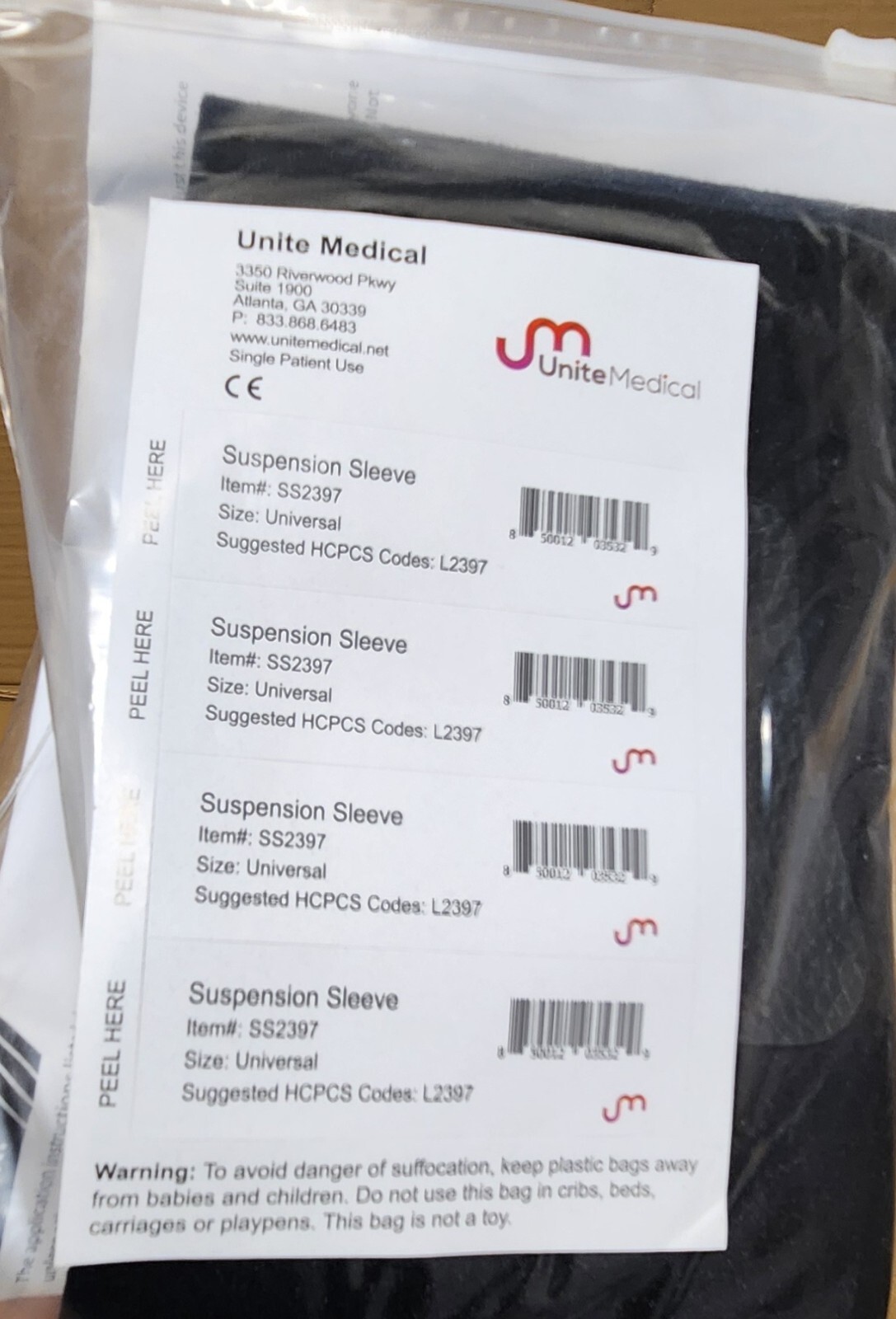 LOT of 2 ~ UNITE Medical Suspension Sleeve (UNIVERSAL) L2397 Black New