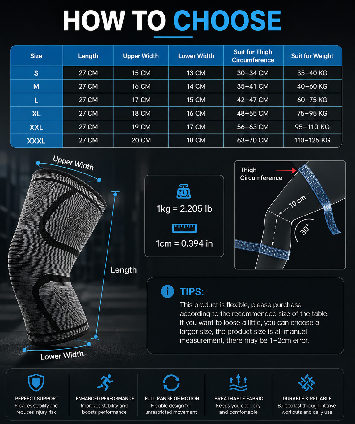 Knee Compression Sleeve Brace Support for Sports Gym Arthritis Joint Pain Relief