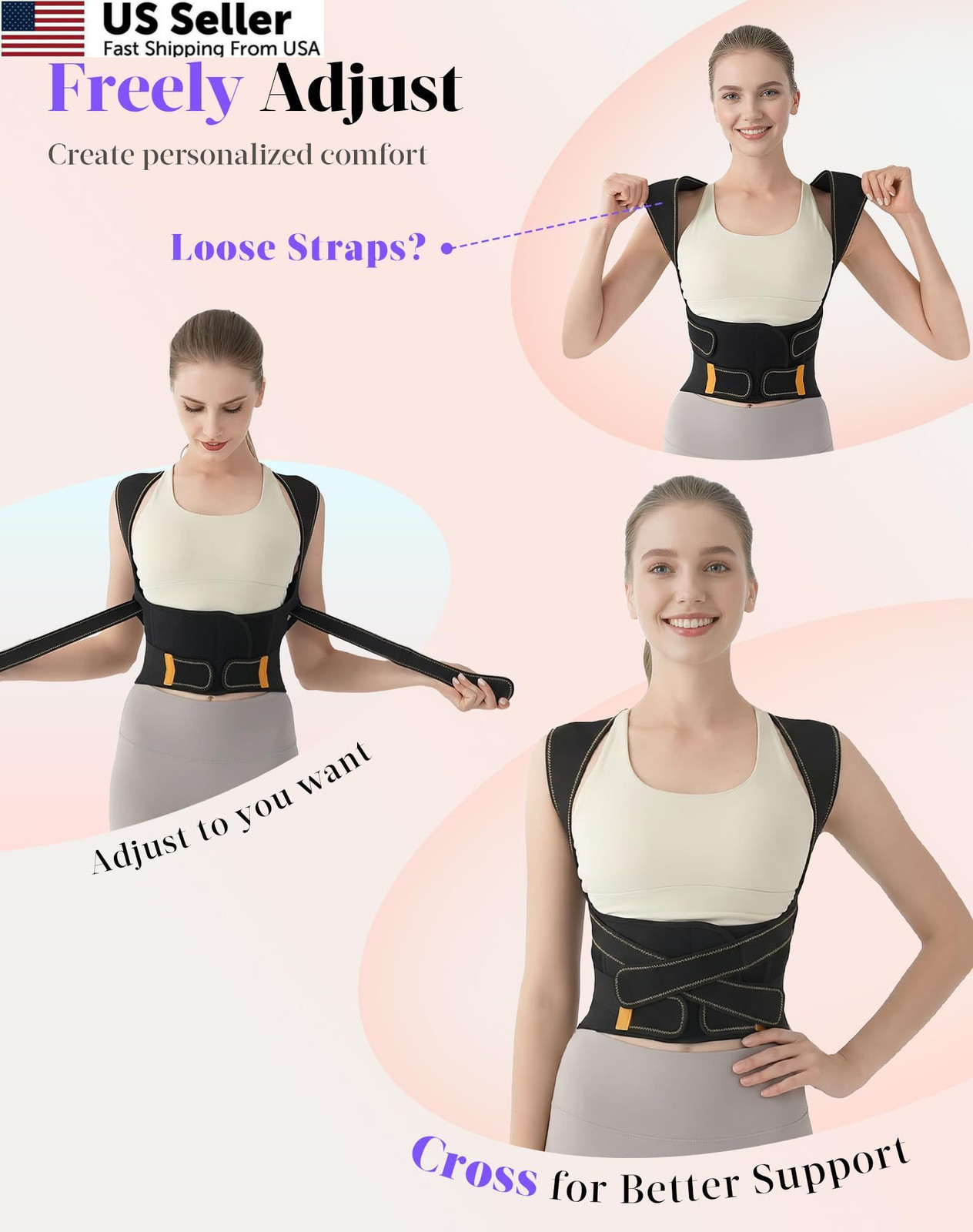 Posture Corrector for Women and Men, 5 Full Back Support Small, Black Yellow