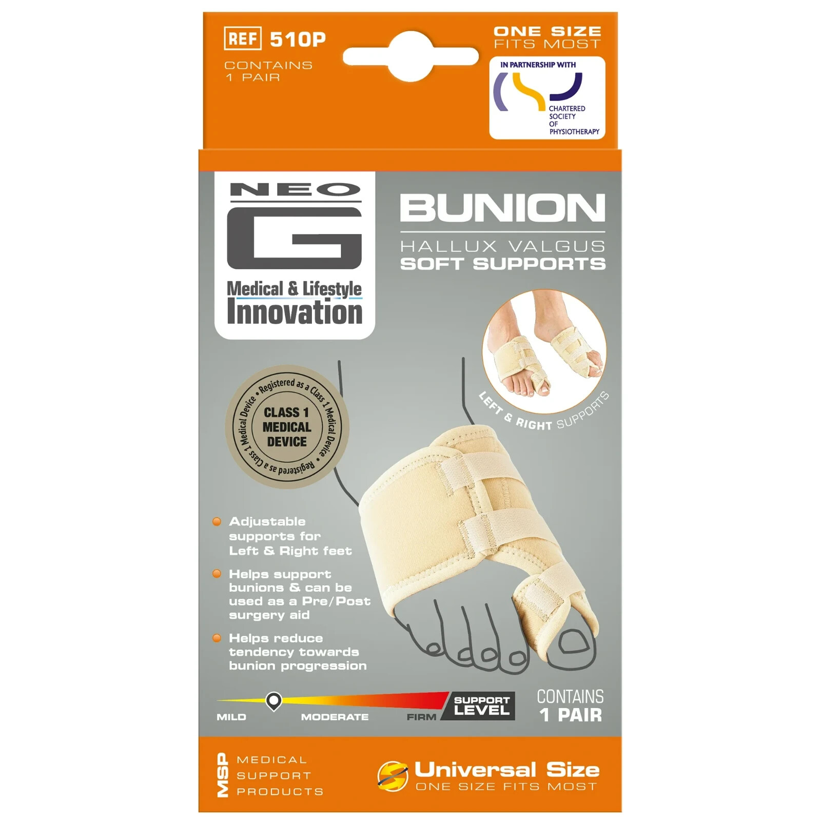 NEO G Bunion Correction System One Pair Soft Support Adjustable Brace One Size