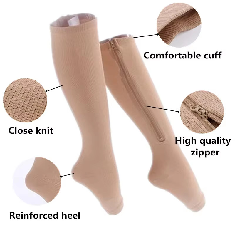 Nylon Zipper Compression Socks Support Graduated Stockings Mens Womens 20-30mmHg