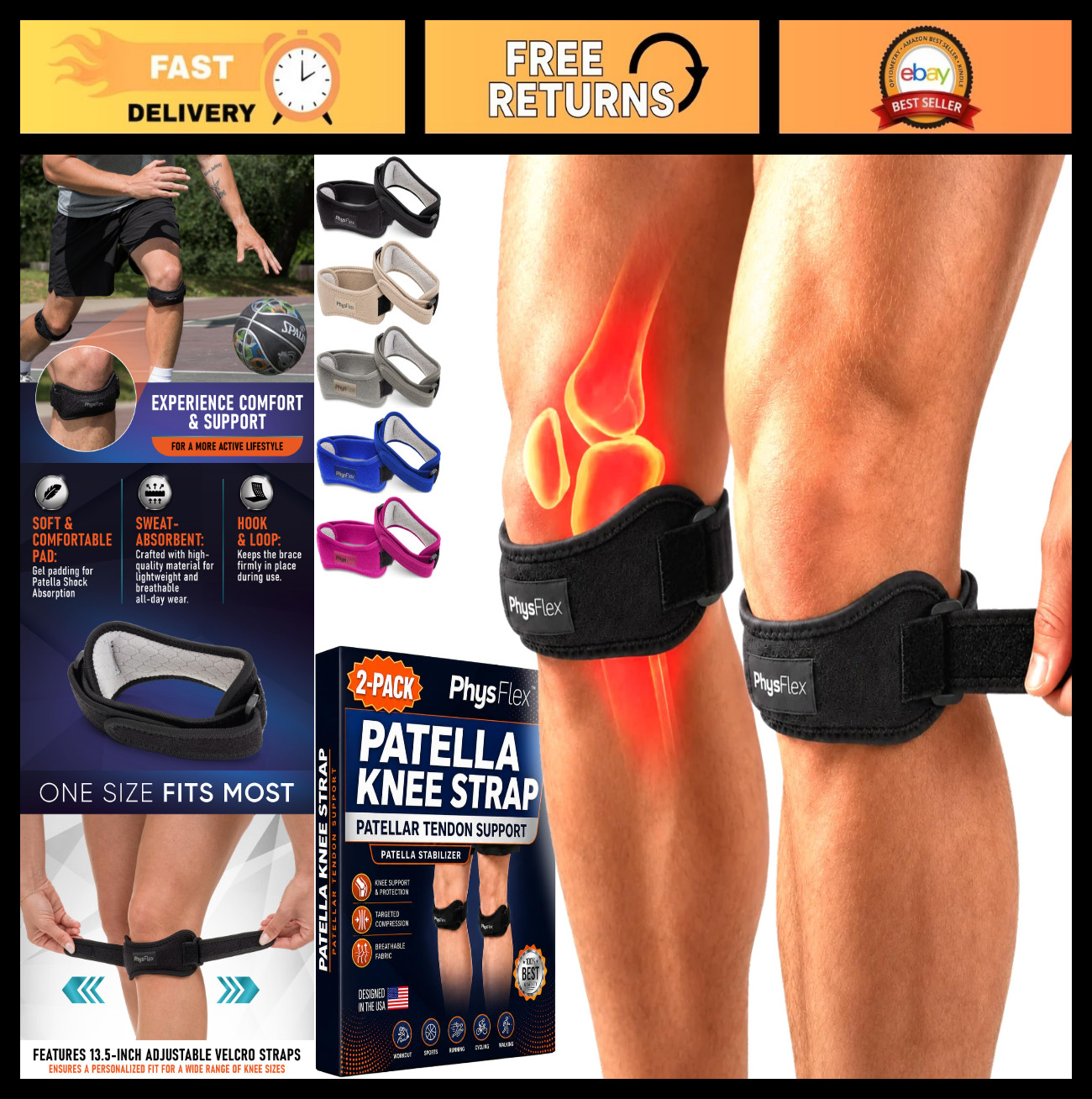 2 Pack Adjustable Knee Brace Support Strap for Pain Relief | Jumper’s Knee, Tend