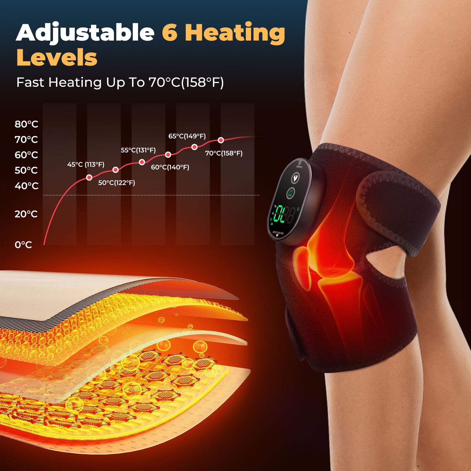 Heated Knee Brace Cordless Heating Pad Multiple Modes Wrap Men Women Seniors