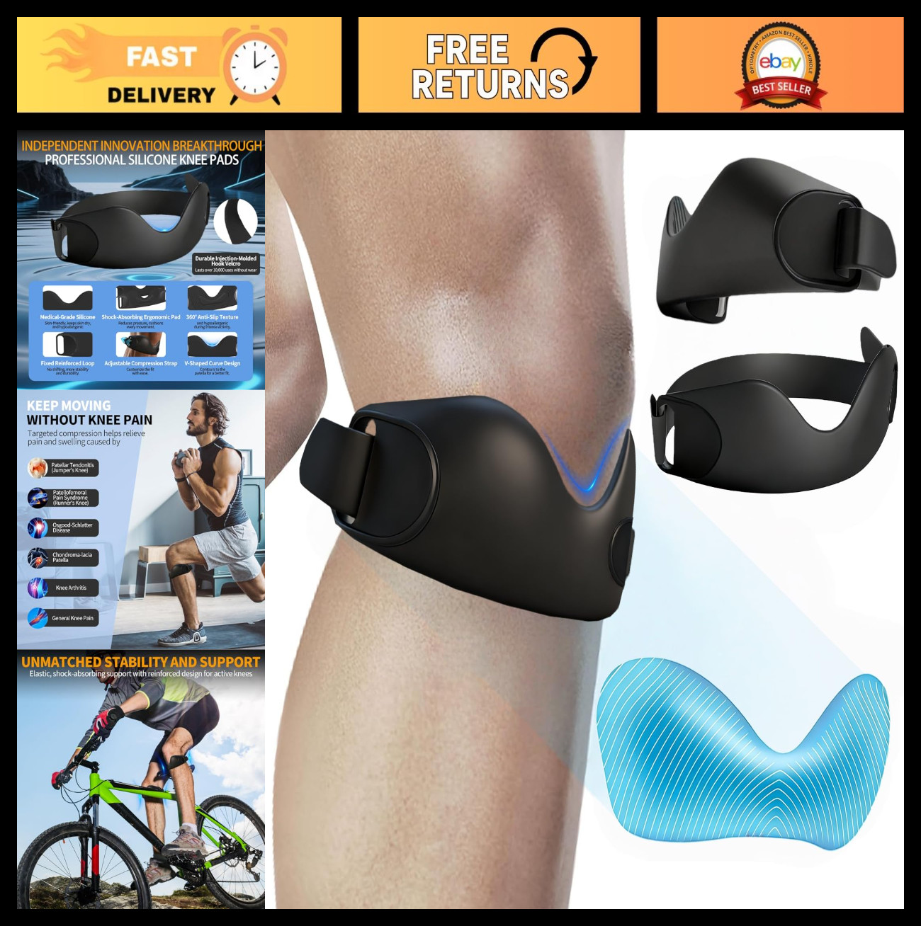 Silicone Patellar Tendon Support Straps – Pain Relief for Jumpers Knee, Sports &