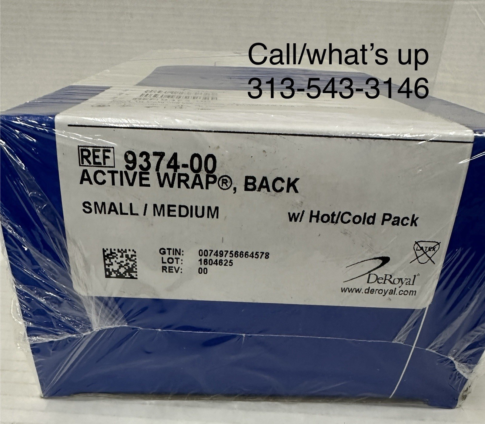 Deroyal 9374-00 Thermal ActiveWrap Back Plush Material Black S/M Each