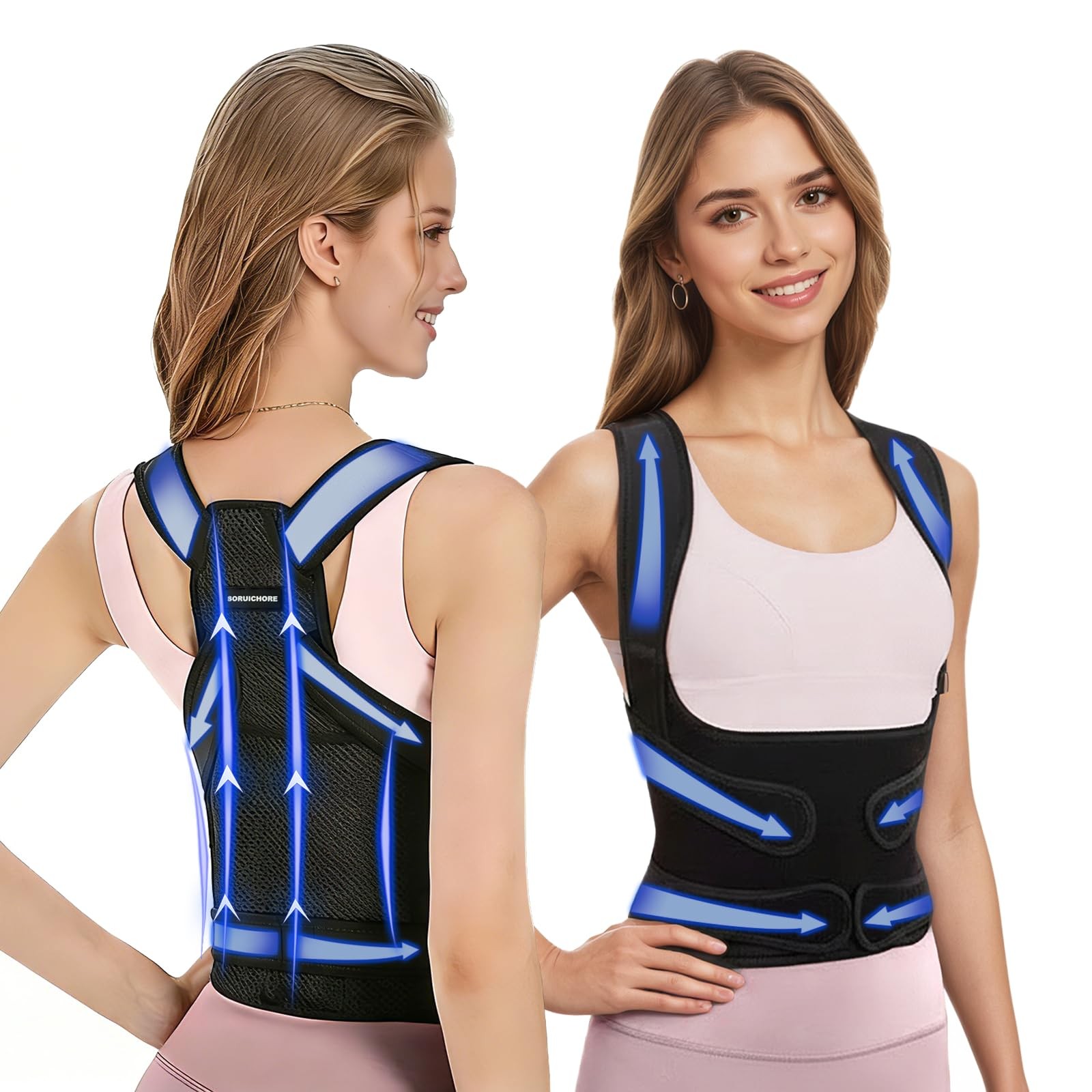 SORUICHORE Posture Corrector for Women & Men,2-in-1 Back Brace Medium, black