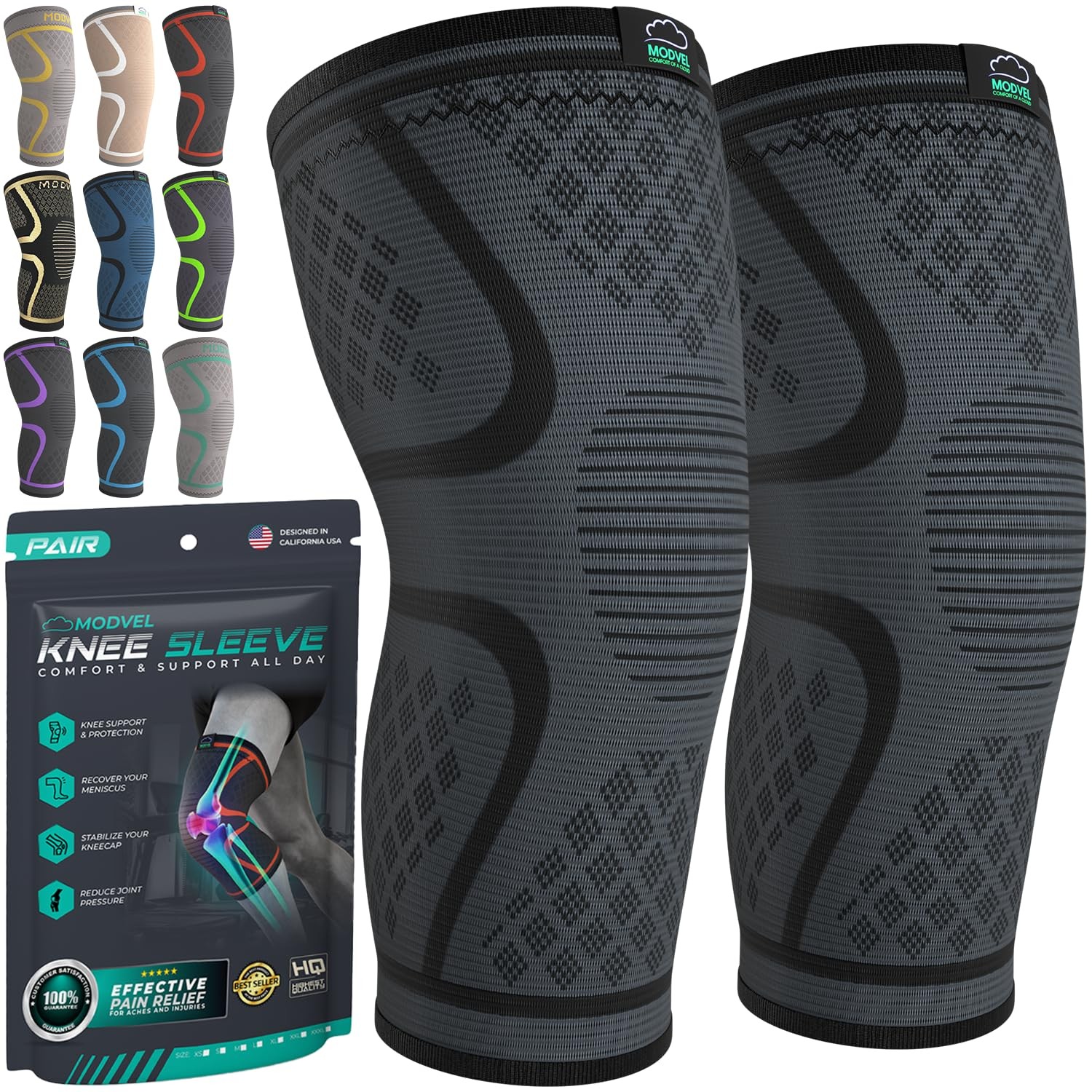 Modvel Compression Knee Brace for Women & Men, 2-Pack Medium, A Black