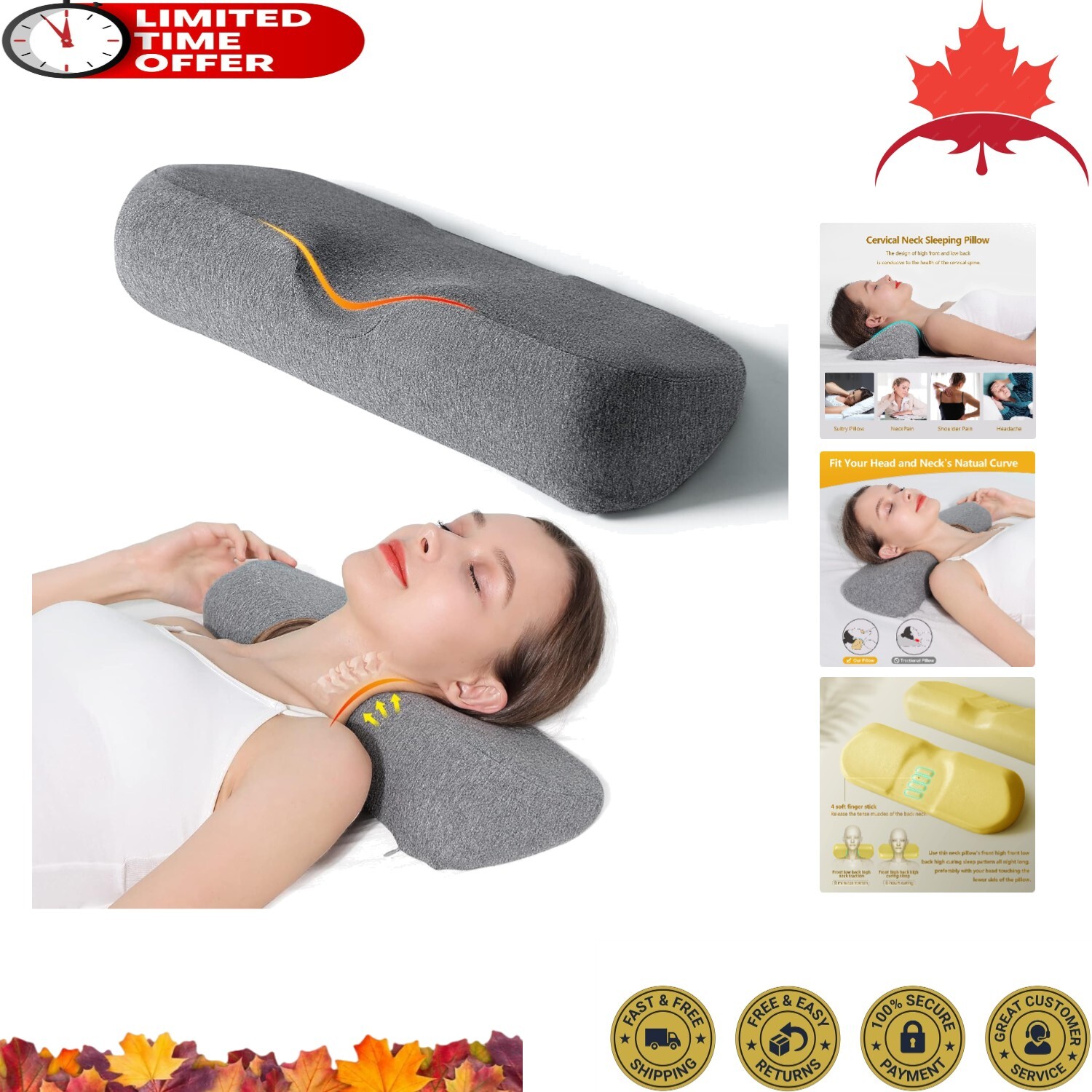 Therapeutic High-Density Memory Foam Cervical Neck Pillow – Dark Gray, 1 Pillow