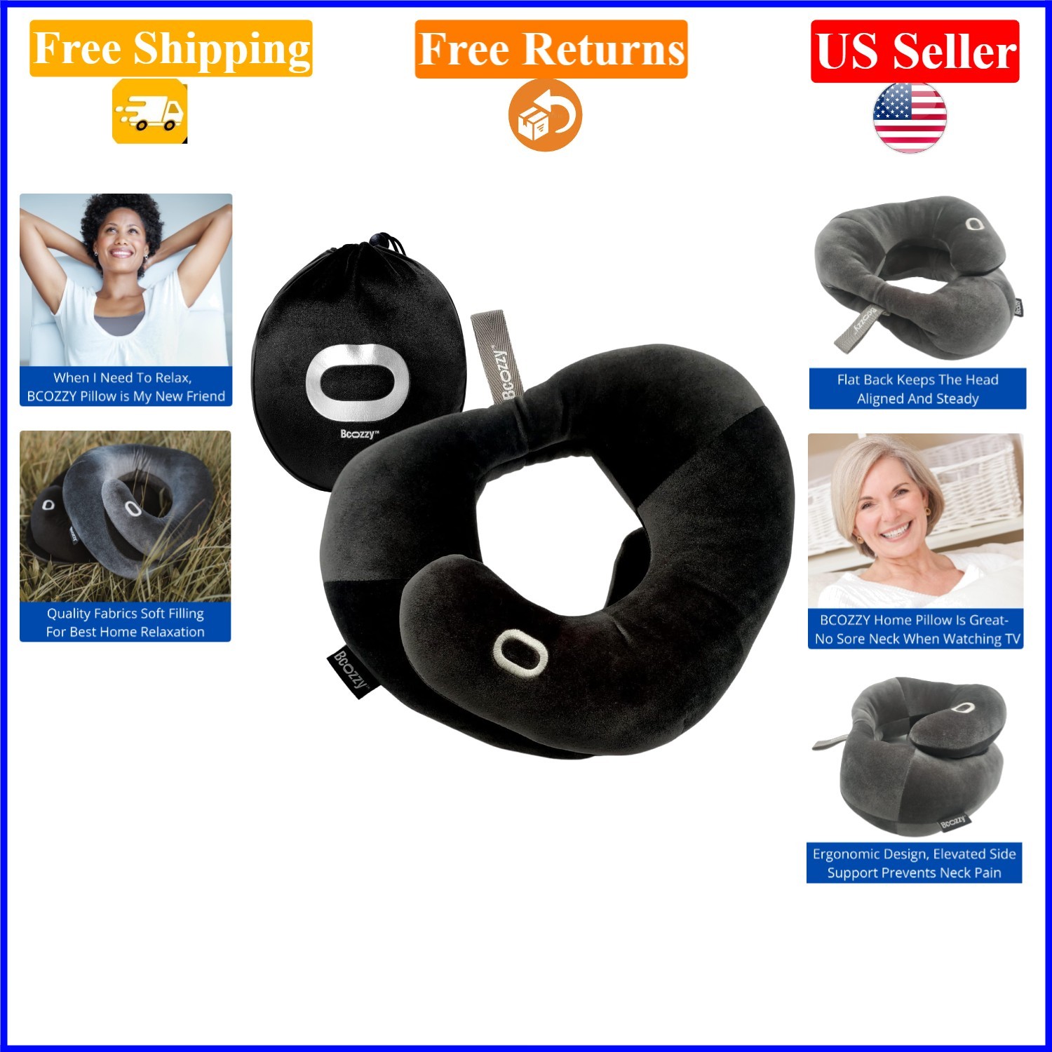 Adult Black Neck Support Pillow with Double Comfort, Washable & Adjustable