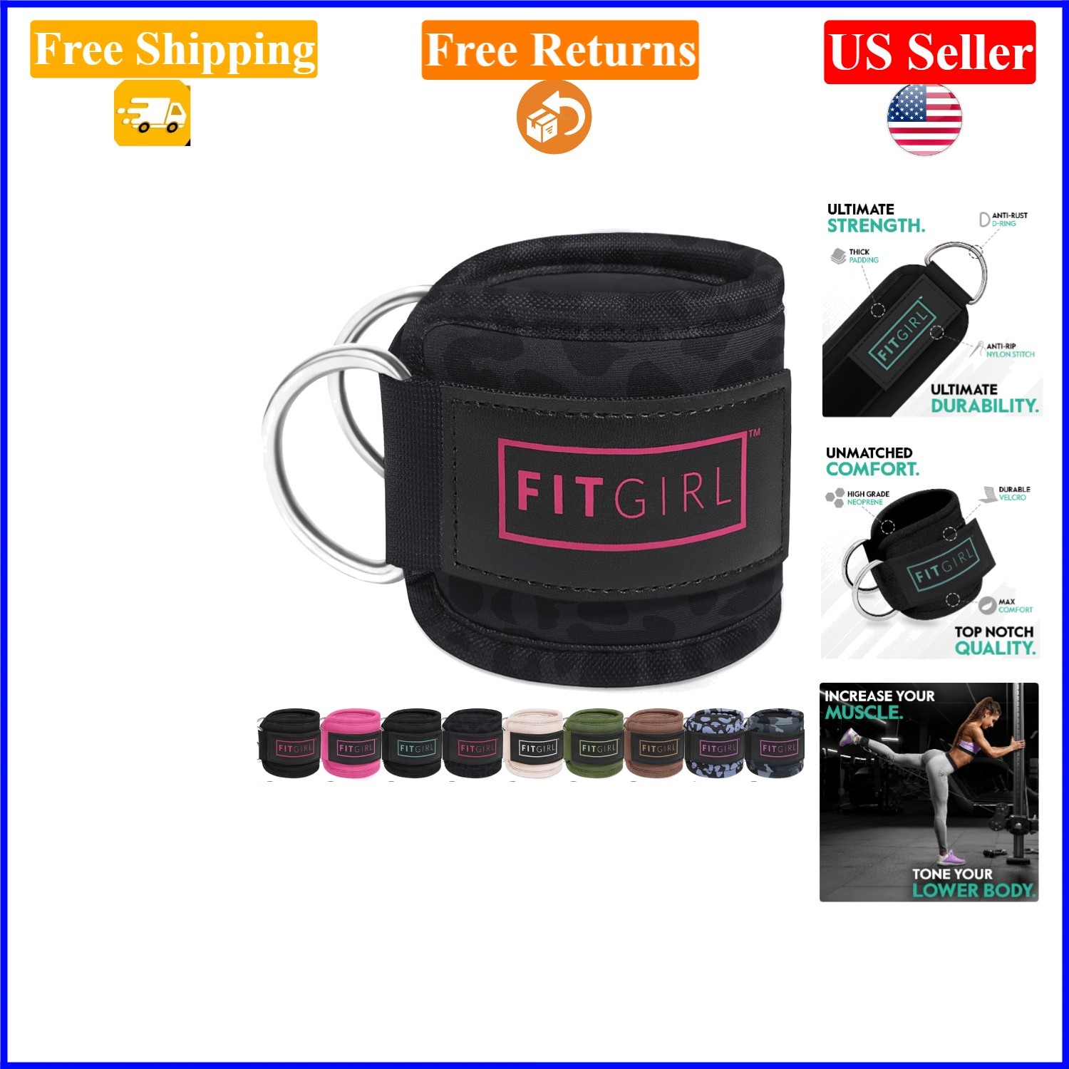 Women’s Black Leopard Ankle Straps for Cable Machines, Neoprene, Comfort & Fun