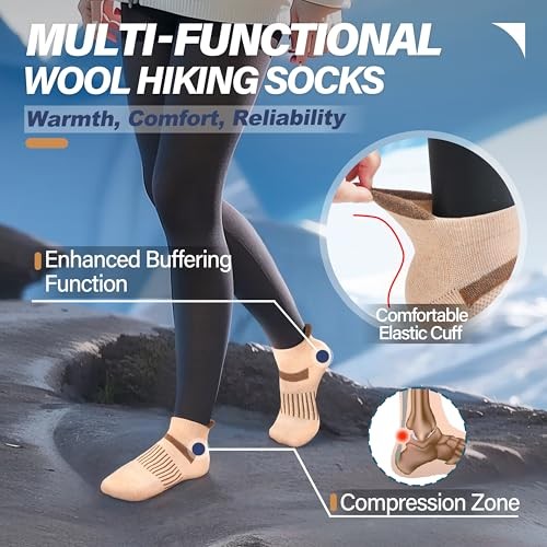 6 Pairs Merino Wool Ankle Running Hiking Socks Compression Large Brown Beige