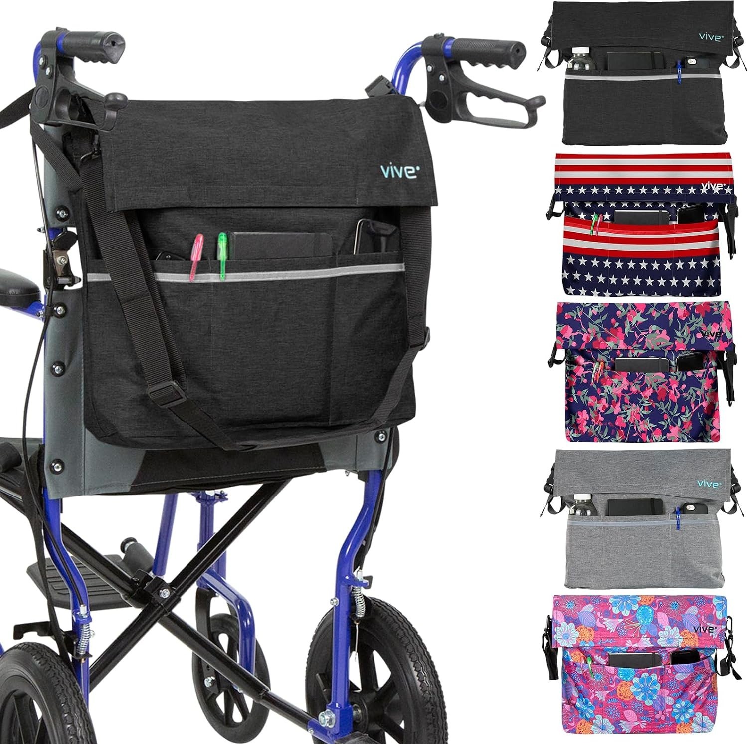 Vive XL Wheelchair Accessories Bag – Waterproof, 1 Count (Pack of 1), Black