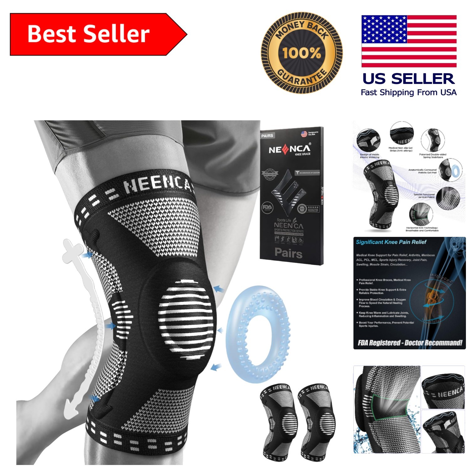 2 Pack X-Large Compression Knee Braces with Patella Gel Pad – Pain Relief & S…