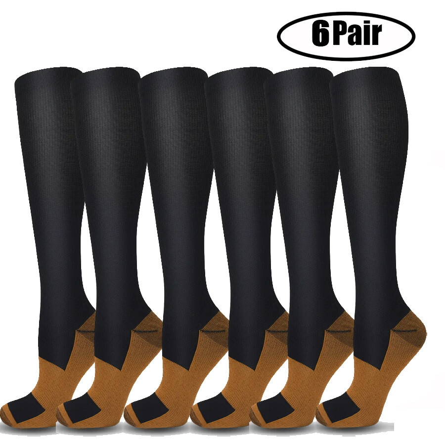 6 Pairs Copper Compression Socks 20-30mmHg Graduated Support Mens Womens S-XXL