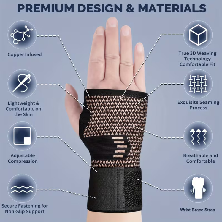 Copper Wrist Compression Support Pain Relief Joint Self Care Single w/ Strap L