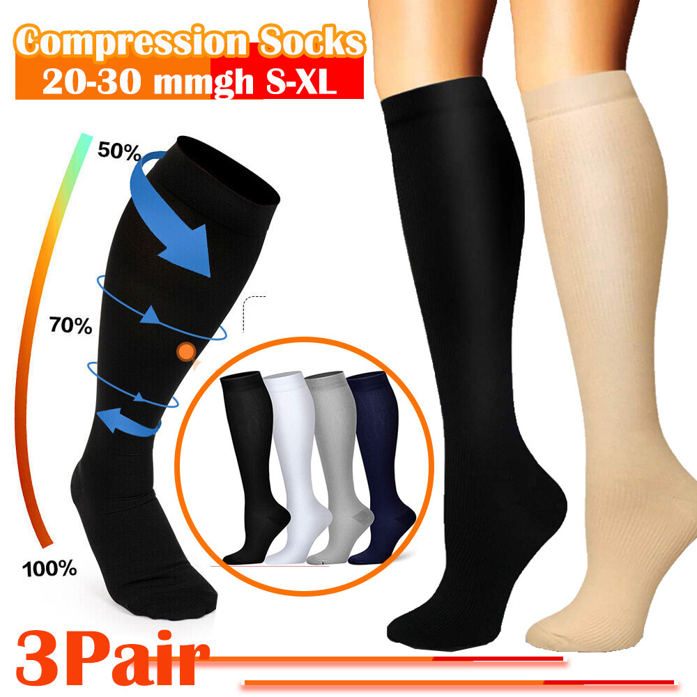 3Pairs Compression Socks 20-30 mmhg Knee High Running Sport Long Stockings Ankle