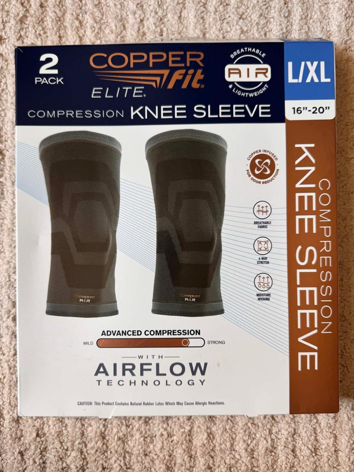 Copper Fit Elite Knee Sleeve L/XL 2 Pack Compression Brace Airflow 16-20
