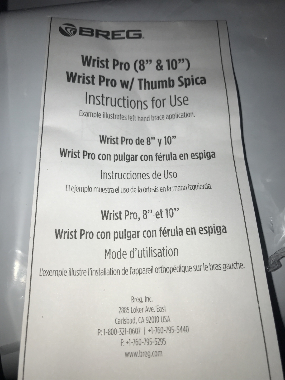 Breg Wrist Pro Brace With Thumb Spica Large / Right . New In Box ! Wrist Brace.