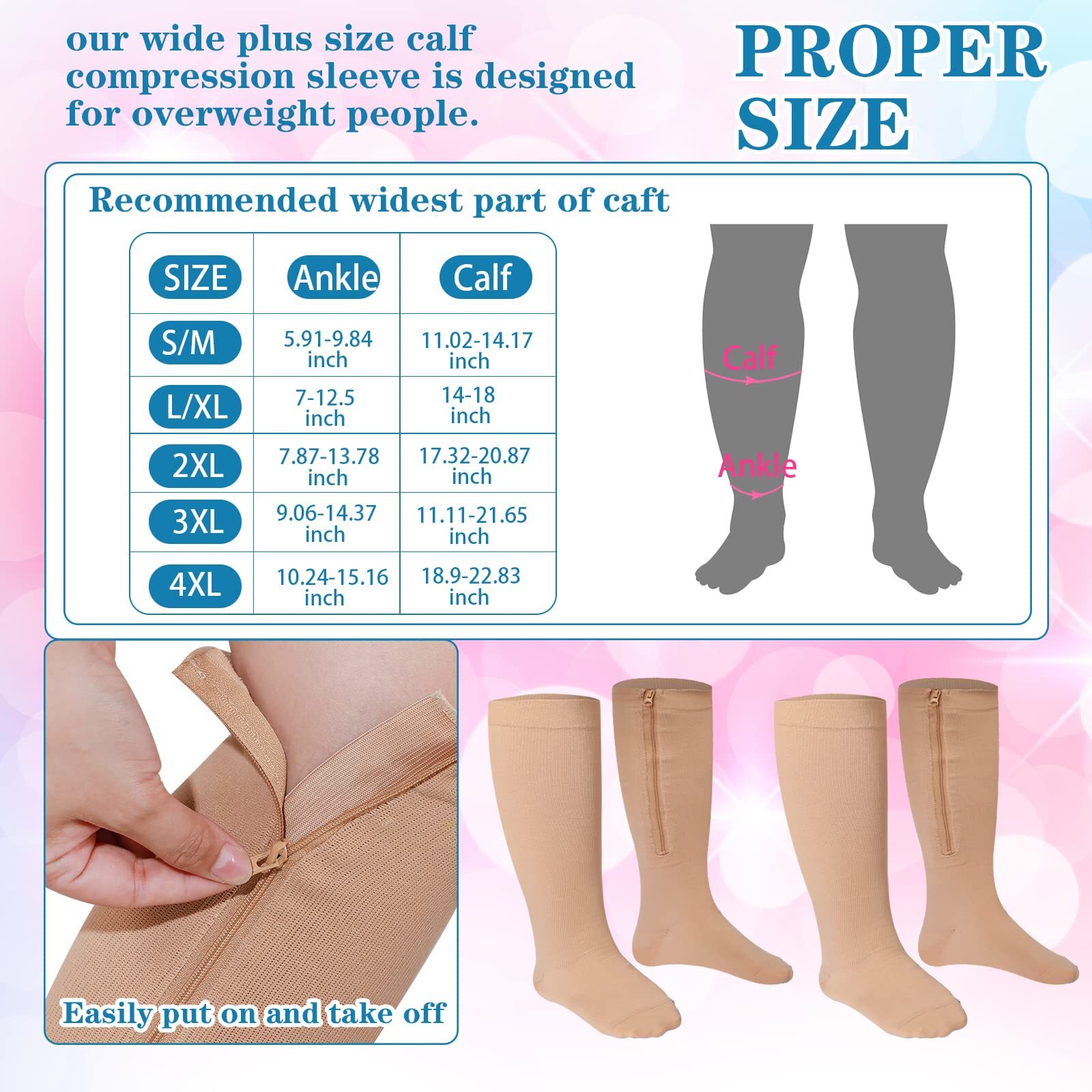 2 Pair Wide Plus Size Calf Compression Socks with Zipper for Overweight Women…