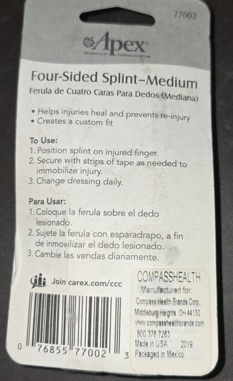 2 Pack Apex Four-Sided Splint Finger Injury Support Brace Medium