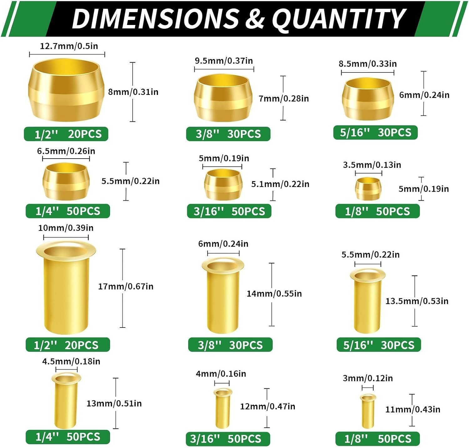 Comprehensive 460pcs Brass Ferrule Inserts in 6 Sizes for Pipe Connections
