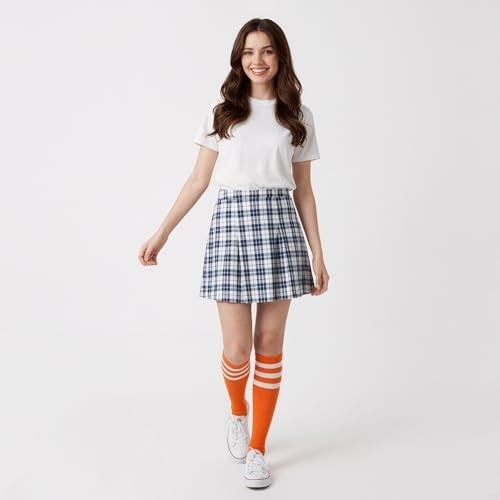 Cotton Knee High Socks Triple Stripes Over the Calf 9-13 A04-orange/White