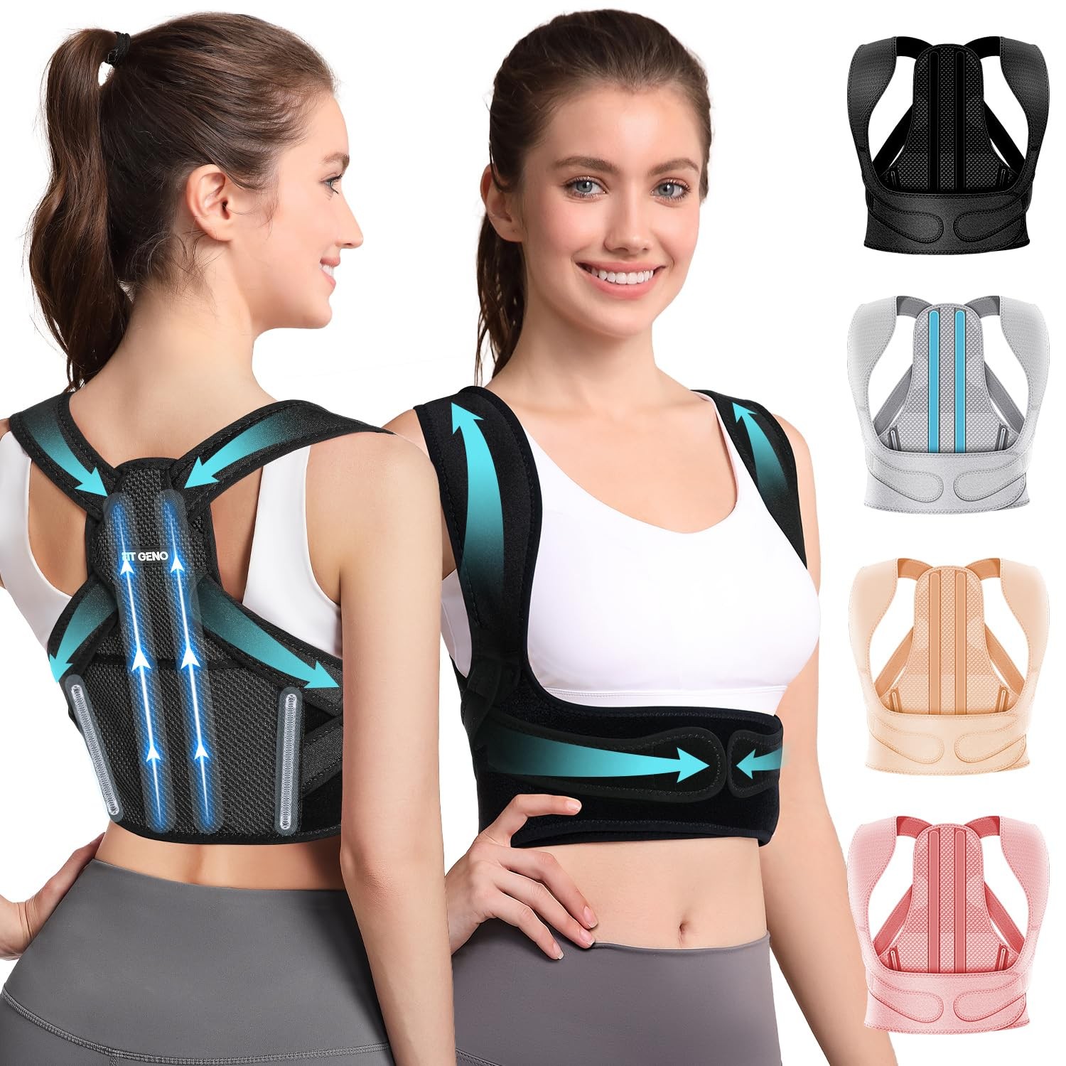 Fit Geno Posture Corrector for Women & Men: Adjustable Medium/Large, Black