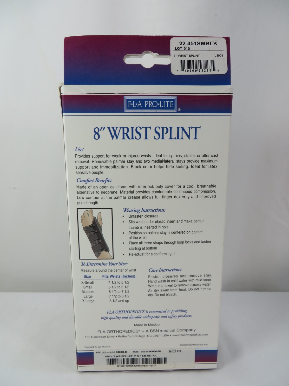 FLA Pro Lite LEFT Hand SMALL Pro-Lite Professional Grade 8″ Wrist Splint Black
