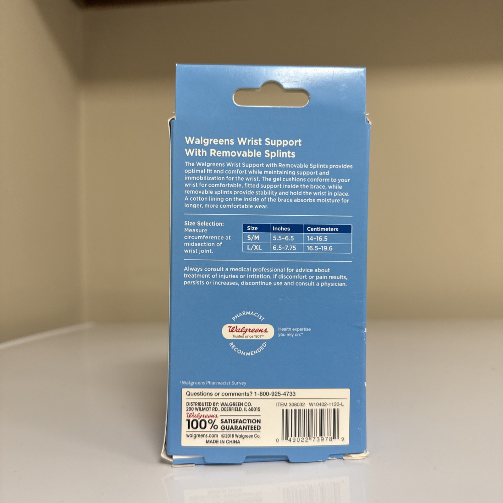 Walgreens Wrist Support w/ Removable Splint Adjustable Fits Left Hand Size L-XL