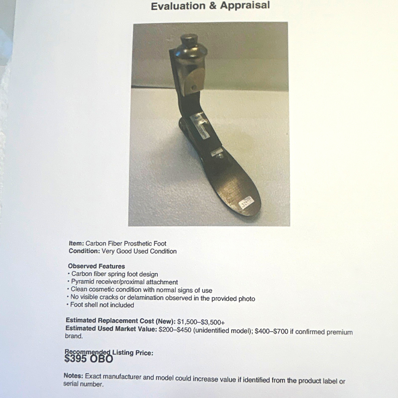 Össur Talux Carbon Fiber Prosthetic Foot Component Black Size 23