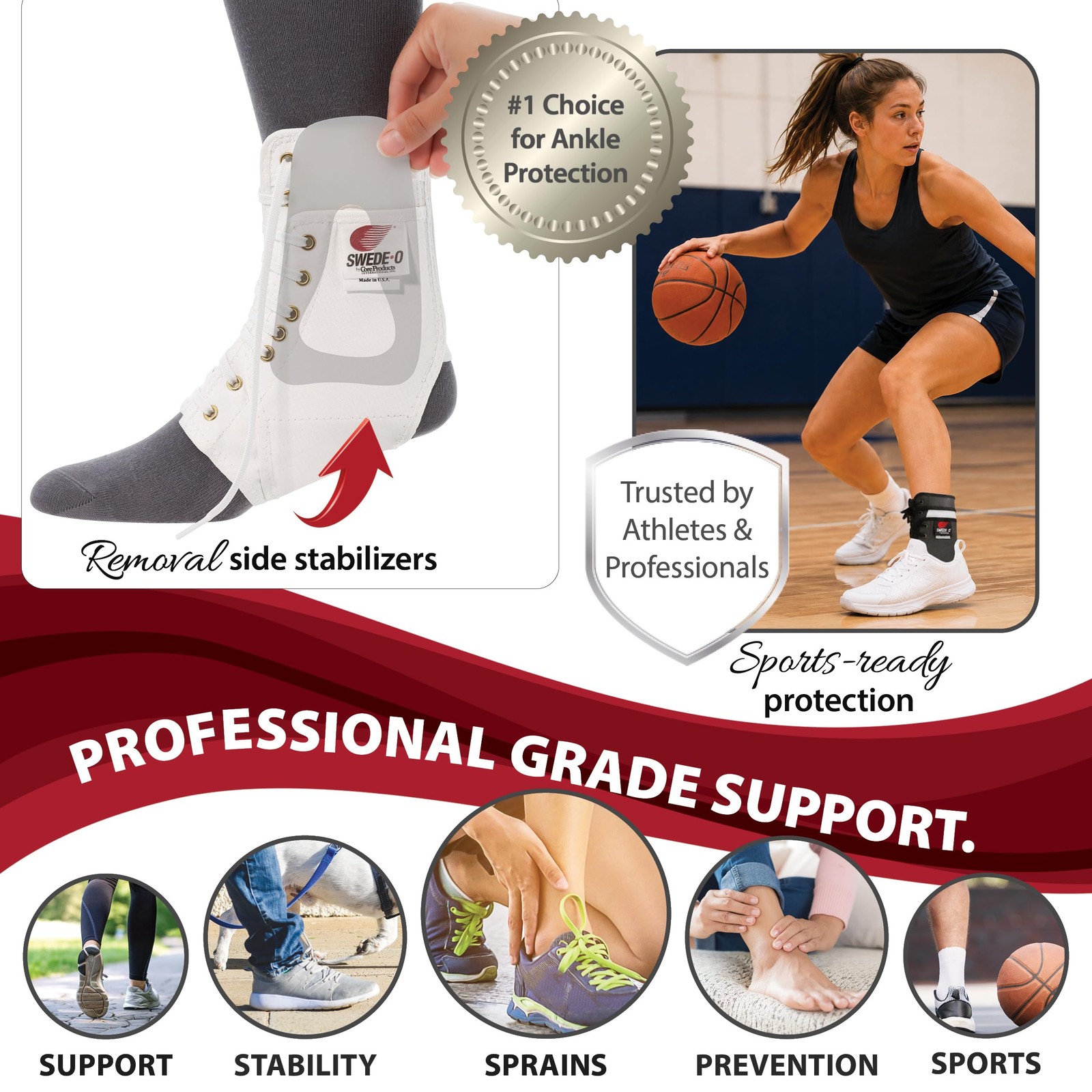 Ankle Lok Reinforced Laced Ankle Brace With Stays High Support Black Large
